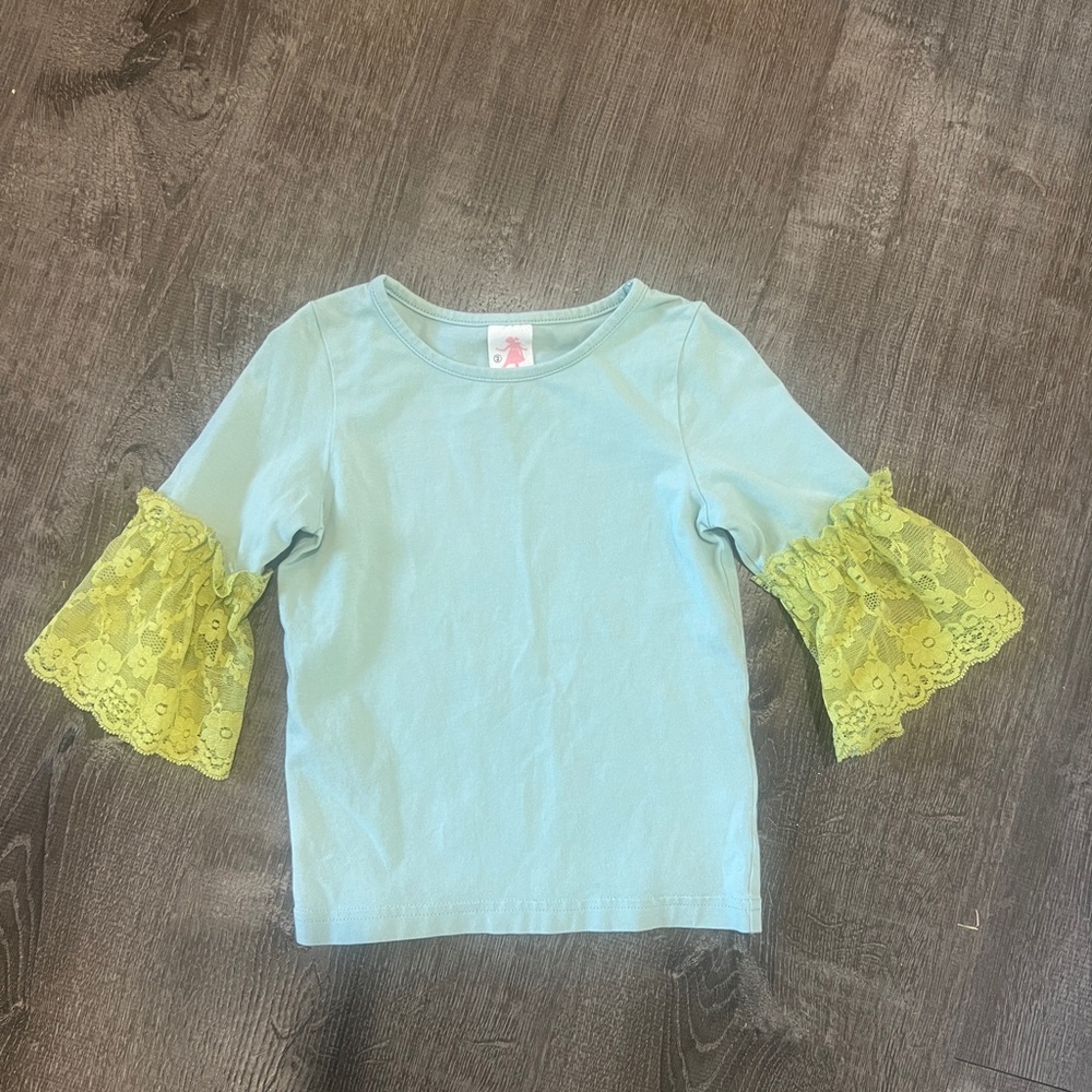 Matilda Jane Light Blue Top with Green Lace Bell Sleeves